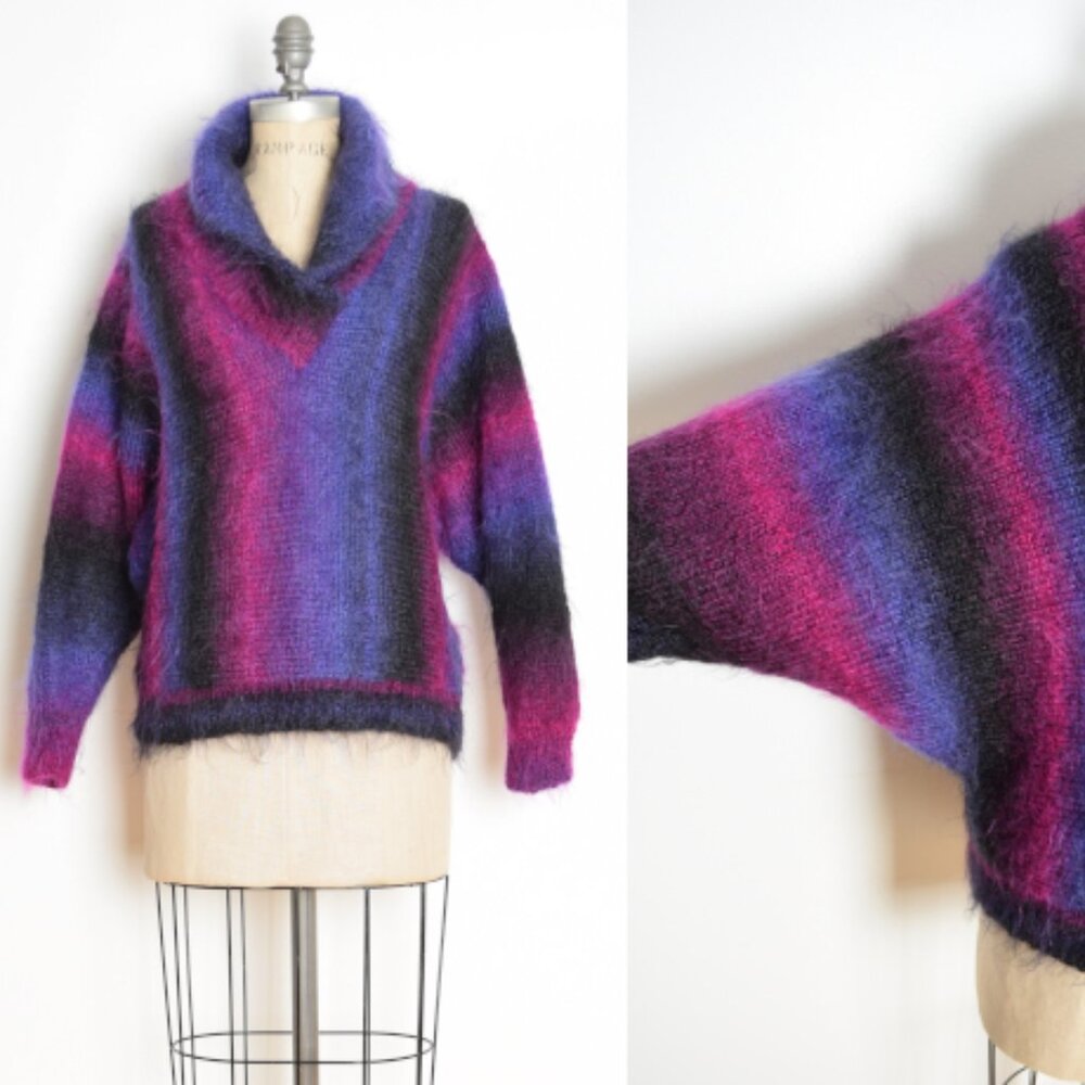 vintage 80s sweater fuzzy mohair purple stripe draped cowl dolman top shirt L XL